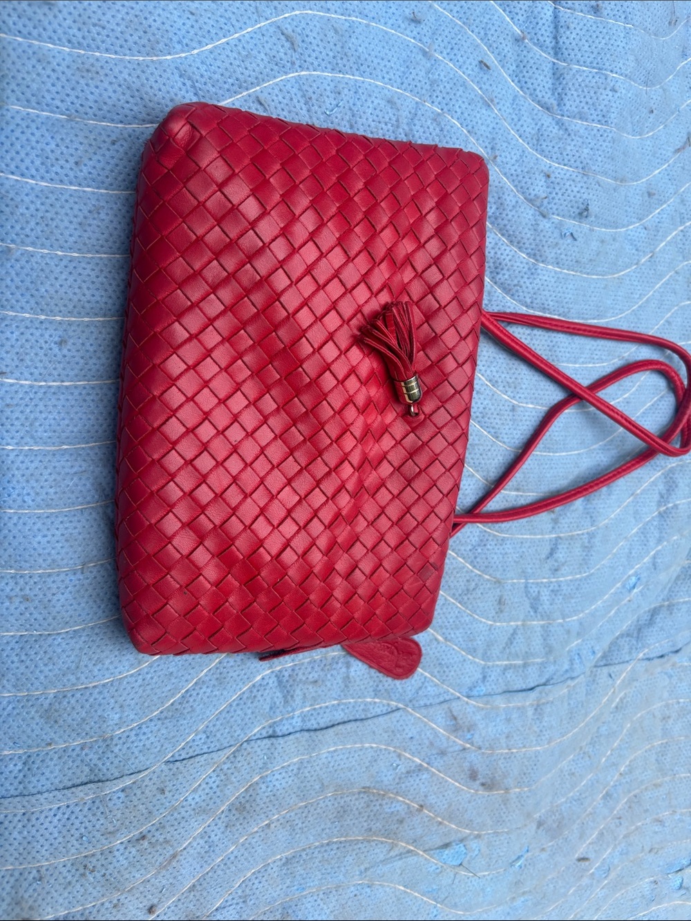 Red Woven Leather Crossbody Bag with Tassel Aspects Vintage Cross Body Bag.
